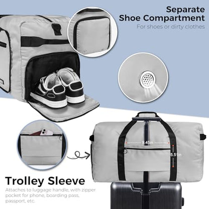 Fmeida 65L Duffle Bag with Shoes Compartment, Foldable Travel Duffel Bags for Men Women, Large Packable Travel Bag Water Repellent & Tear Resistant (Light Gray) - color: Glossy Light Gray