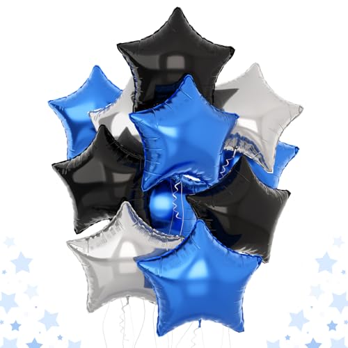 Blue Black Star Balloons Helium, 18Inch Silver and Blue Stars Shape Foil Balloon, 12Pcs Blue Pentagram Mylar Party Decoration for Boy Men Birthday Graduation Space Theme Eid Party Father's Day - color: Blue Black Silver