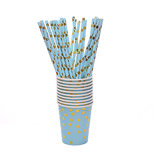 201-Piece Blue Party Supplies Set - Disposable Paper Dinnerware Serves 25 - Gold Dot Blue Paper Plates, Napkins, Cups & Plastic Silverware Sets for Wedding, Baby Shower & Holiday Parties - color: Blue