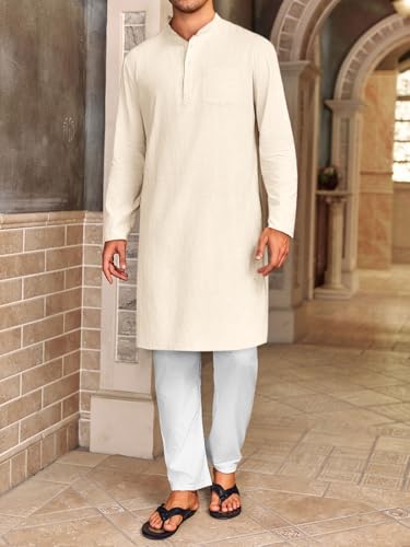 Gafeng Mens Kaftan Robe Button Down Long Sleeve Henley Cotton Thobe Casual Side Split Gown Shirt - color: Beige, size: XX-Large