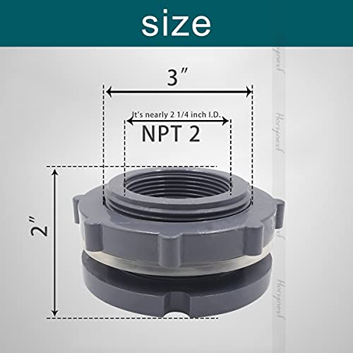 2 Inch Female NPT Bulkhead Fitting, PVC Pipe Connector, 1 pc | Seal gasket & plumber's tape included; mounts through a 3-inch hole for rain barrels, aquariums, ponds & irrigation systems - size: NPT2