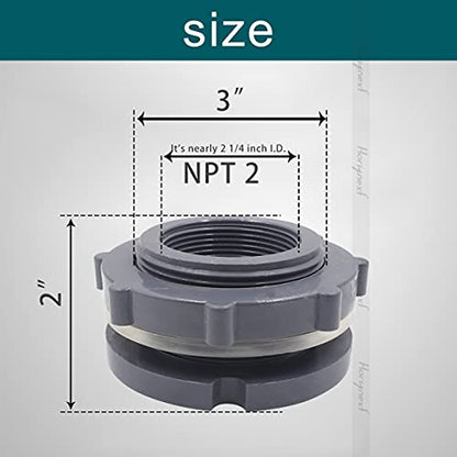 2 Inch Female NPT Bulkhead Fitting, PVC Pipe Connector, 1 pc | Seal gasket & plumber's tape included; mounts through a 3-inch hole for rain barrels, aquariums, ponds & irrigation systems - size: NPT2