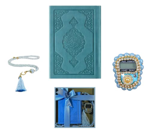 Prien 이슬람 선물 세트, 보온 가죽 꾸란, 진주 기도 비즈, 디지털 Zikr Tasbih, 미니 꾸란, 휴대용 기도 바구니, 여성용 무슬림 선물 - color: 블루.