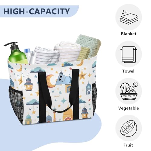 Reusable Grocery Bag Islamic Background Traditional Lantern Star and House Large Shopping Bags Travel Tote Bag