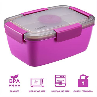 Caperci Large Salad Container Bowl for Lunch - Better Adult Bento Lunch Box 68 oz, 5-Compartment Tray, 2pcs 3-oz Sauce Cups, Stackable, BPA-Free (Purple) - color: Purple
