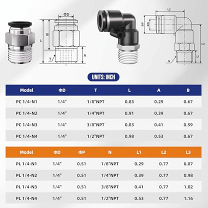 1/2 Push to Connect Fittings npt Thread to 1/4 Air Line quick | Pneumatic Tubing Hose 1/4 OD Tube to 1/4 npt, Male Elbow 90 Degree Straight Coupler - size: 1/4"OD x 1/2"NPT