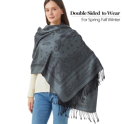 Reversible Paisley Pashmina Rave Scarf Shawl-Soft Silky Pashmina Wraps for Women Evening Dresses - color: E#. Style 5-dark Grey