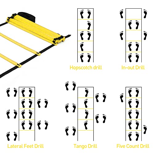 Speed & Agility Ladder Training Equipment Set, Includes 12 Rung 20ft Agility Ladder, 4 Agility Hurdles,12 Disc Cones, 1 Resistance Parachute for Training Football Soccer Basketball Athletes - color: yellow