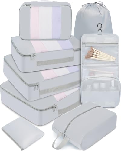 BAGAIL 6 Set/8 Set/10 Set Packing Cubes Various Sizes Packing Organizer for Travel Accessories Luggage Carry On Suitcase - color: 08-Light Grey, style: 8 Set-middle Mesh