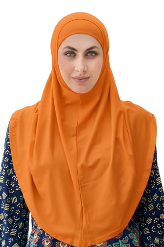 SARJANA Women's Solid Color Cotton Hijab with Under Scarf Cap Ready to Wear Stretch Scarves Long Scarfs FREE SIZE - color: Orange