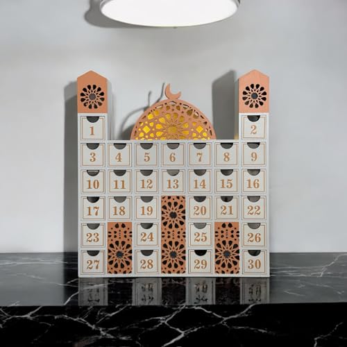 Ramadan Advent Calendar Countdown for Kids Adults Battery Powered Lights Treats White Black Gold Wood Wooden Eid Mubarak Decoration Islamic Decor Muslim gift 30 days Tracker (White) - color: White