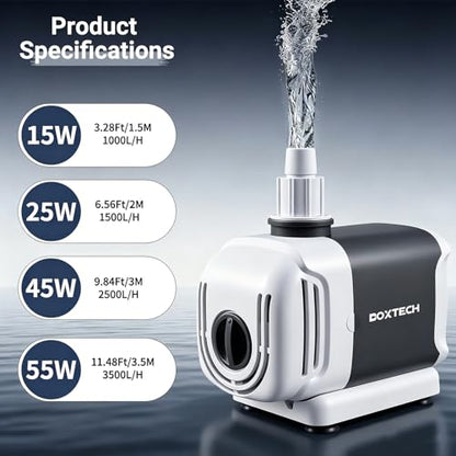 Fish Tank Water Pump - Multi-Purpose Fountain Water Pump | 3 adjustable nozzles, for submerged or land use, Ideal for fish tanks, gardening, and tabletop fountains. Low-noise 45W - size: 45w