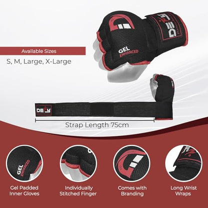 DEFY Padded Inner Gloves Quick 75cm Long Strap – Inner Boxing Gloves Gel Padded Knuckle Protection – Elasticated Boxing Hand Wraps for MMA Muay Thai Kickboxing Martial Arts Pair - color: Black, size: X-Large