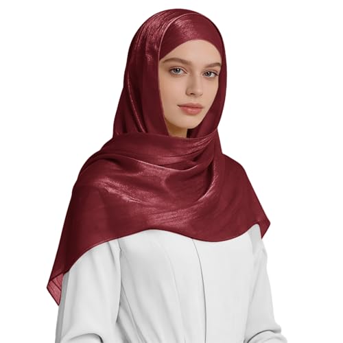 Premium Hijab Head Scarf for Women Lightweight Shimmer Hijab Head Wrap Scarves Crepe Satin Scarf Shawl Wrap - color: Wine Red