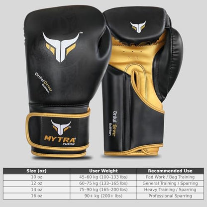 Mytra Fusion Boxing Gloves – Kickboxing Gloves for Men & Women Boxing Training Gloves MMA Muay Thai Gloves Punching Gloves - color: Black/Gold, size: 18-oz
