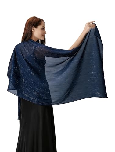 OurLore Chiffon Shawls Wraps for Women Sheer Glitter Scarf Sparkly Rhinestones Shoulder Sarong Cover Up Hijab for Wedding - color: Navy