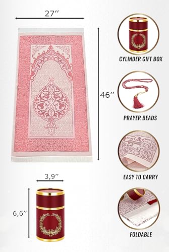 ihvan online Muslim Prayer Rug and Prayer Beads with Elegant Design Cylinder Gift Box, Janamaz, Soft Sajadah, Islamic Gifts Set, Portable Prayers Carpet Mat, Taffeta Fabric, Burgundy - color: Burgundy