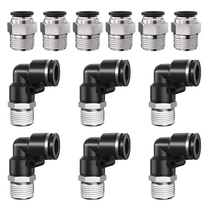 3/8" Tube OD to 1/2" NPT Thread Push to Connect Fittings,Pneumatic Quick Air Hose Fittings,Male Straight + Elbow,PC+PL(12pcs) - color: Black PC+PL, size: 3/8"OD x 1/2"NPT