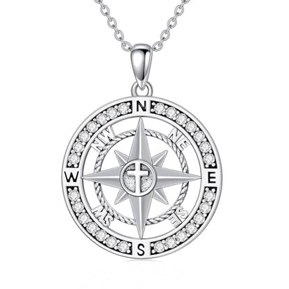 Graduation Gifts for Women 925 Sterling Silver Compass/Graduation/Vet/Cross/Stethoscope Necklace for Women - color: D3-Compass-Cross