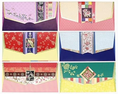 (Pack of 6) Korean Traditional Money Gift Envelopes for Cash Wedding, Birthday, New Year, Christmas, Multicolor