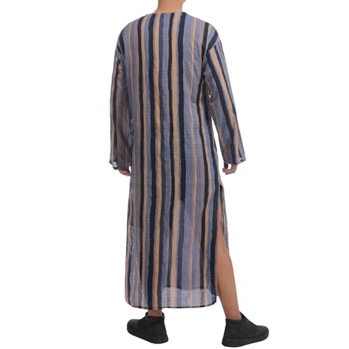 IWEMEK Muslim Thobe for Men Striped Kaftan Thobe with Pockets Saudi Arabic Robe Button up Dubai Abaya Caftan Ramadan Clothes - color: Blue, size: Medium