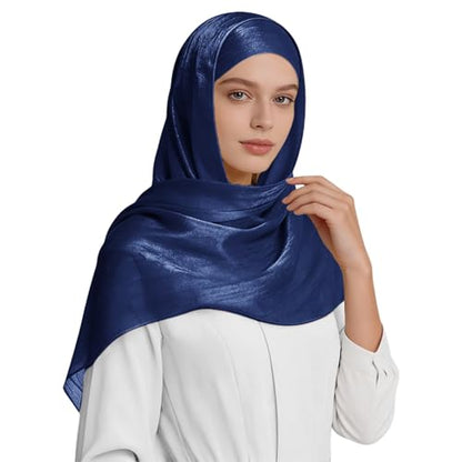 Premium Hijab Head Scarf for Women Lightweight Shimmer Hijab Head Wrap Scarves Crepe Satin Scarf Shawl Wrap - color: Navy Blue
