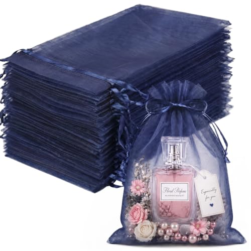 FUNFERY 100PCS Navy Blue Organza Gift Bags 4x6in,Drawstring Jewelry Pouch - color: Navy Blue-4"x6"