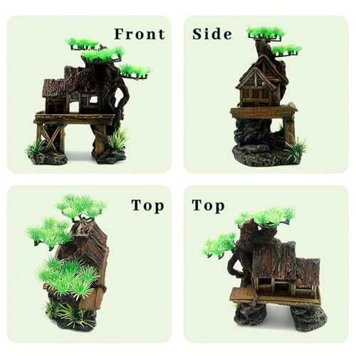 kathson Aquarium Decorations Fish Tank Ornaments House on Terrace with Tree Root Resin Handicrafts for Betta Fish