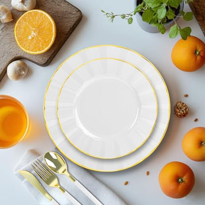 150Pcs Plastic Plates with Gold Rim,Heavy Duty White Plates for 30 Guests,Plastic Dinnerware Set Include 30 Dinner Plate,30 Dessert Plate,90 Gold Cutlery Set for Party (White) - color: White