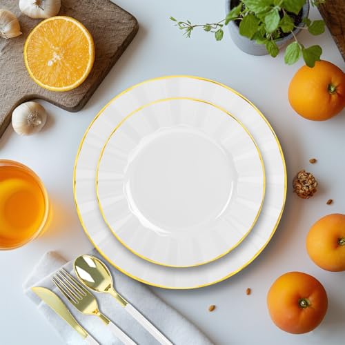 150Pcs Plastic Plates with Gold Rim,Heavy Duty White Plates for 30 Guests,Plastic Dinnerware Set Include 30 Dinner Plate,30 Dessert Plate,90 Gold Cutlery Set for Party (White) - color: White