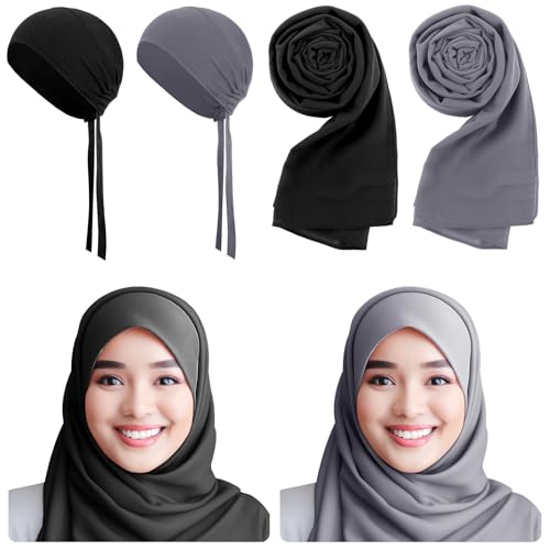 4 Pcs Women Solid Chiffon Hijab Scarves and Undercap Set Long Shawl Soft Wrap Scarves Muslim Inner Hijab Caps - color: Black, Dark Gray