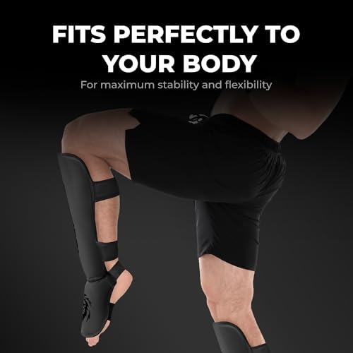 FIGHTR® Shin Guards - with a and Ideal Padding | Thick shin Protection for Kicks in Kickboxing, MMA, Muay Thai and Other Martial Arts - color: All Black, size: Medium