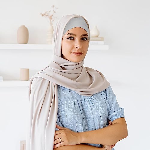 PHOGARY 4 Pcs Women Hijab Undercap, Islamic Muslim Under Hijab Cap Inner Under Scarf Hat Turban with Tie Back Closure - color: Turmeric, Earthy Yellow, Olive Green, Light Gray