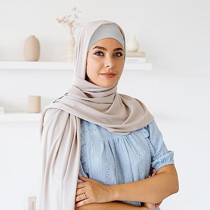 PHOGARY 4 Pcs Women Hijab Undercap, Islamic Muslim Under Hijab Cap Inner Under Scarf Hat Turban with Tie Back Closure - color: Turmeric, Earthy Yellow, Olive Green, Light Gray