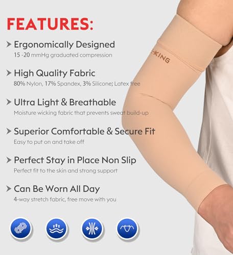 KEKING Lymphedema Compression Arm Sleeves 15-20mmHg with Silicone Band - color: 15-20mmhg Beige (with Silicone Band), size: XX-Large (1 Pair)