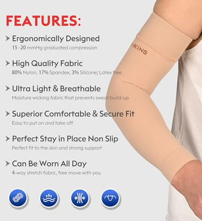 KEKING Lymphedema Compression Arm Sleeves 15-20mmHg with Silicone Band - color: 15-20mmhg Beige (with Silicone Band), size: XX-Large (1 Pair)