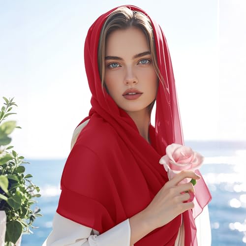 Chiffon Scarf,Soft Breathable Chiffon Shawls and Wraps,Silky Women's Hijab for Evening Dresses Wedding Bridal Scarves - color: Red, size: 67 x 28 inches