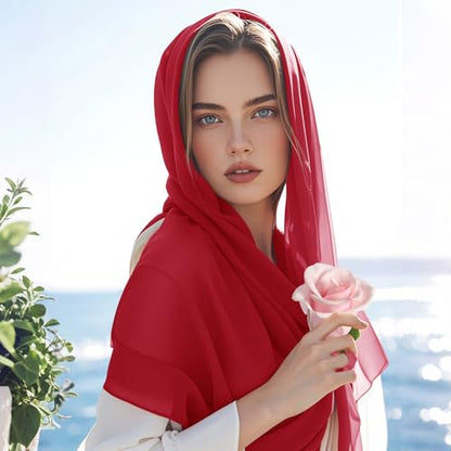 Chiffon Scarf,Soft Breathable Chiffon Shawls and Wraps,Silky Women's Hijab for Evening Dresses Wedding Bridal Scarves - color: Red, size: 67 x 28 inches