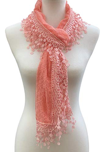 Cindy & Wendy Lightweight Soft Leaf Lace Fringe Scarf Bridal Shawl for Women - color: Peach Pink1