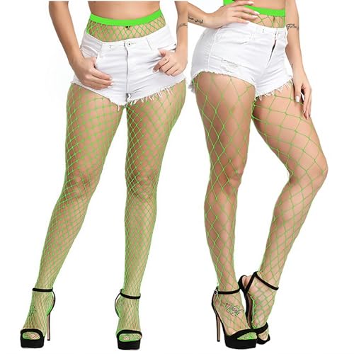 MengPa Women's Fishnets Tights High Waist Stockings Party Thigh High Pantyhose - color: 2pcs-neon Green