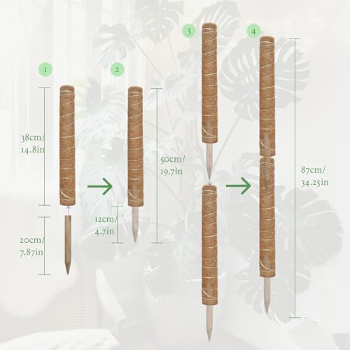Moss Pole for Plants 4 Pack Natural Coco Coir Climbing Support Stakes with Plant Ties Indoor Monstera Plant Training Extension Poles 14.8inch Each Total 59.2inch - size: 38cm