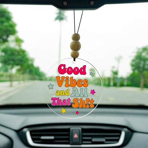 Talataca Good Vibes 2D Flat Car Ornament & Wood Beads, Funny Quote Beaded Rear View Mirror Accessories, Retro Rearview Hanging Charm, Christmas Tree Decor - color: 30