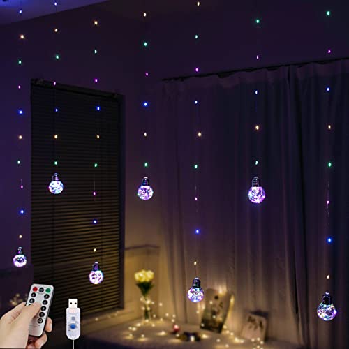 YOLIGHT Wishing Ball Curtain Lights 200 LED Window Curtain String Light with Remote, USB Battery Powered Twinkle Globe Fairy Lights for Wedding Party Bedroom Christmas Decoration (Multi-Colored) - color: Multicolor
