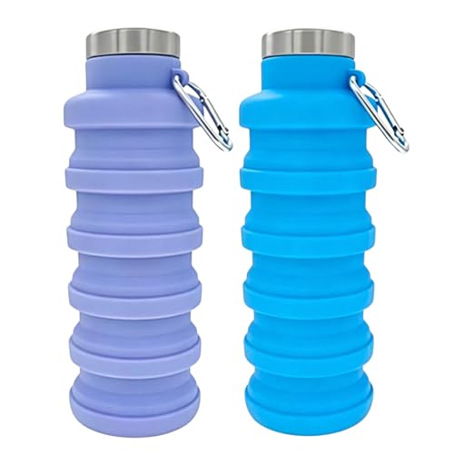 YCT Collapsible Water Bottle 17oz（500ml），Travel Portable Sport Water Bottle，Reusable Silicone Foldable Water Bottles for Gym Camping Hiking (Purple+Blue) - color: Purple+Blue, style: Retractable