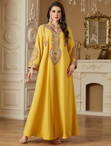 ABEWIP Muslim Dresses for Women Ramadan Kimono Long Sleeve Embroidered Islamic Prayer Dress Turkey Dubai Eid Abaya Kaftan - color: Yellow, size: Large
