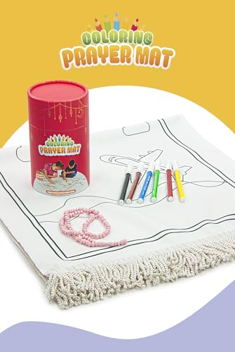 Ihvan Online Kids Prayer Mat, Washable Painted Prayer Rug, Colourful Marker, Muslim Prayer Mala Beads, Soft Salah Travel Mat Carpet, Perfect Islamic Gift, Red - color: Red
