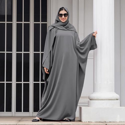 IDOPIP Abayas for Women Muslim Dress with Hijab, One-Piece Long Sleeve Islamic Prayer Dress with Khimar Jilbab Kaftan Clothes - color: Gray + Hijab