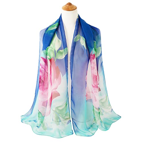 E-Clover Women Soft Floral Print Shawl Chiffon Sheer Scarf - color: Blue Pink Flower-01