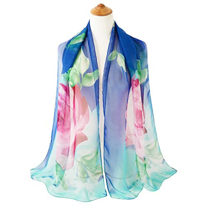 E-Clover Women Soft Floral Print Shawl Chiffon Sheer Scarf - color: Blue Pink Flower-01