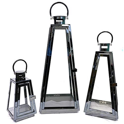 Allgala 3-PC Lantern Set 24 Inch Jumbo Deluxe Modern Indoor/Outdoor Candle Lantern Set Black Stainless Steel Tapered Trapezoid Frame with Tempered Glass for Garden Patio Fireplace Wedding - color: Taper Black
